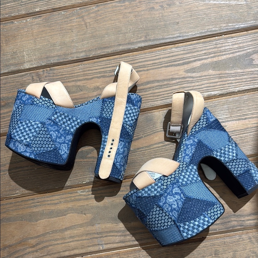 Jeffrey Campbell Blue and Cream Patchwork Heels